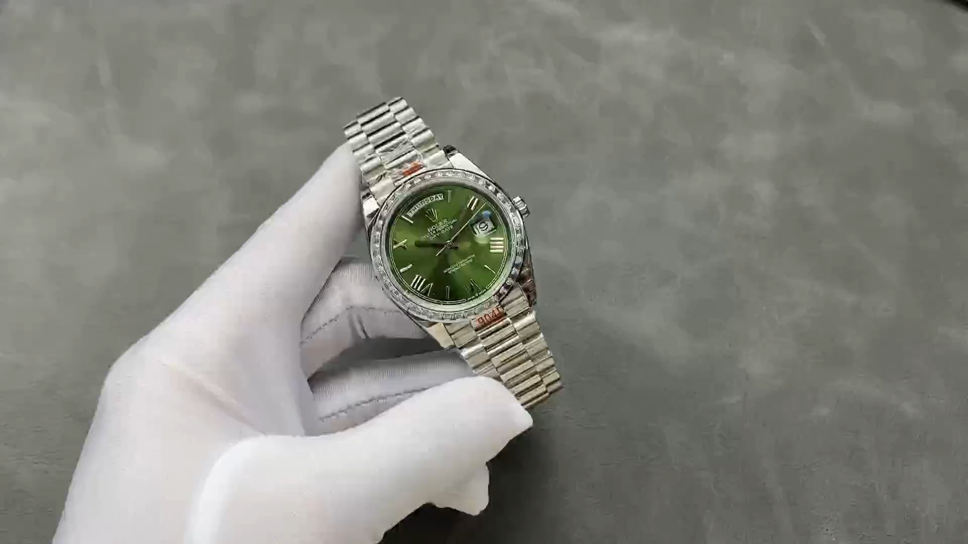 Rolex Day Date 40 Platinum Olive Green Dial Diamond Bezel M228396TBR 0020 Replica Watch