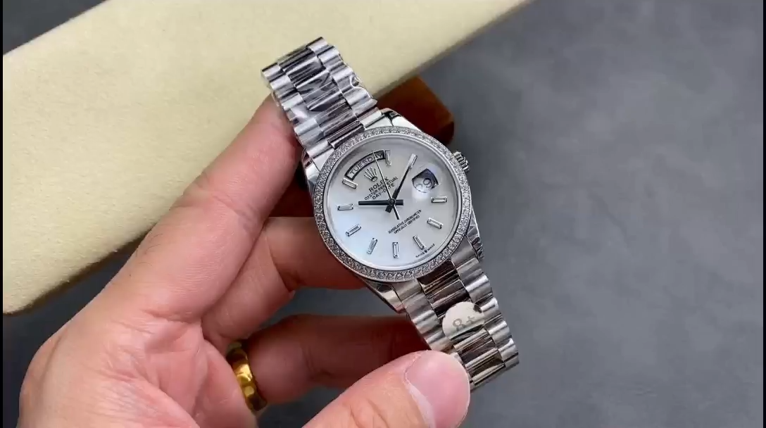 Rolex Day Date 36 MOP Dial Diamond Bezel Platinum m128396tbr 0022