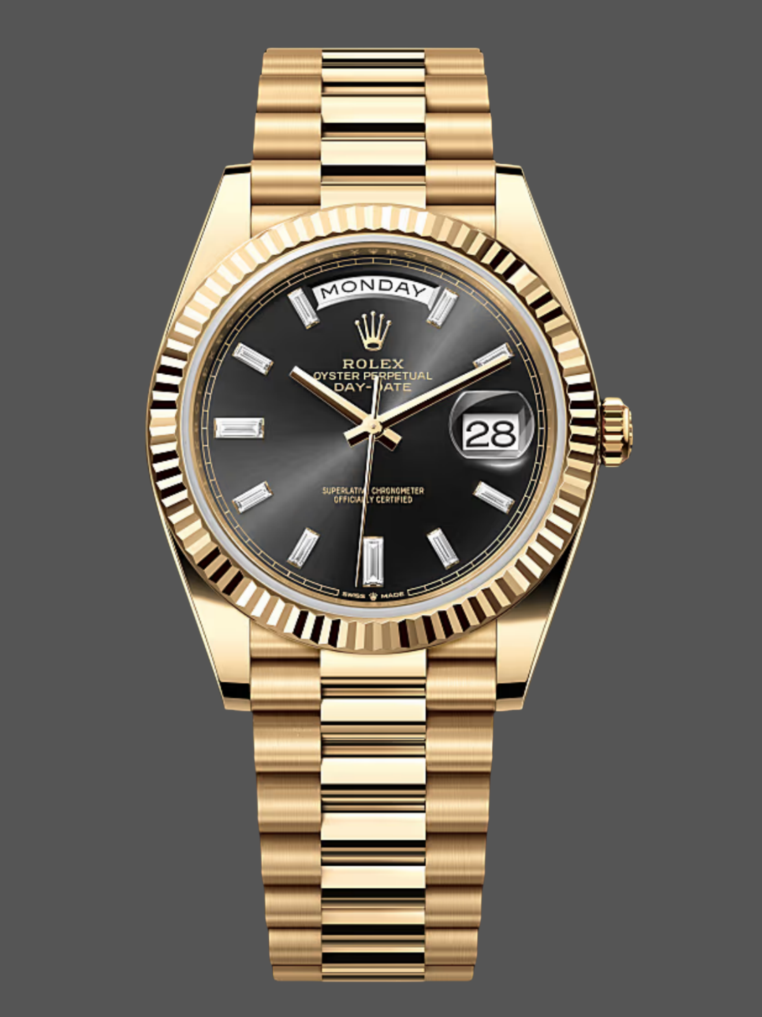 Rolex Day-Date 228238 Black Diamond Dial Fluted Bezel 40mm Mens Replica Watch