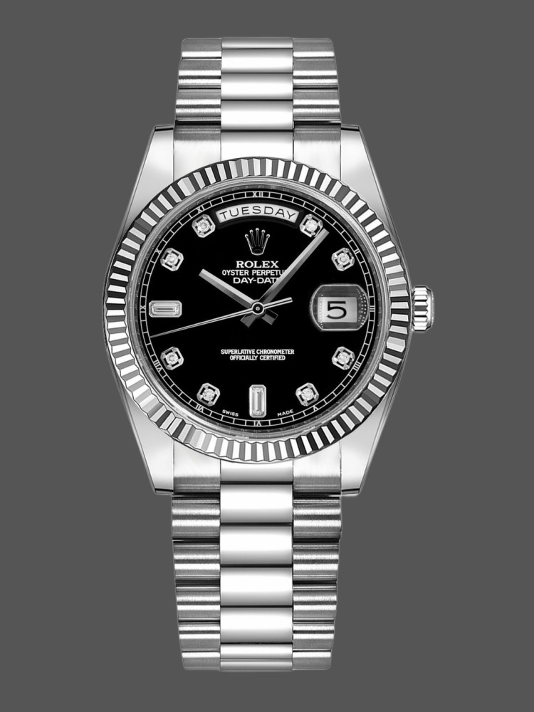 Rolex Day-Date 118239 Black Diamonds Dial Fluted Bezel 36mm Unisex Replica Watch