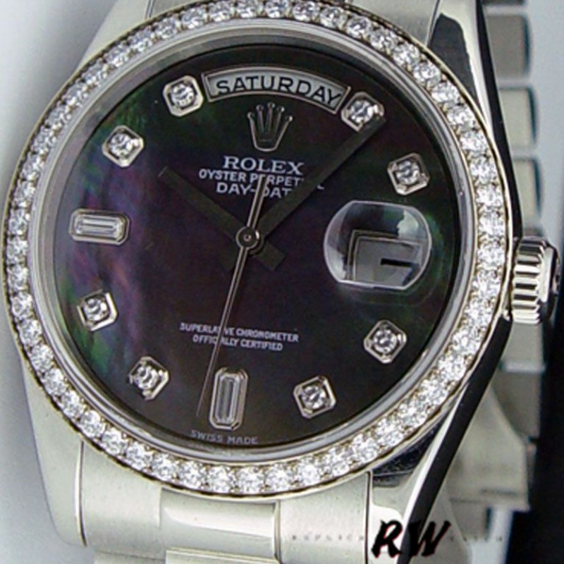 Rolex Day Date 118346 Black MOP Dial Platinum 36mm Unisex Replica Watch