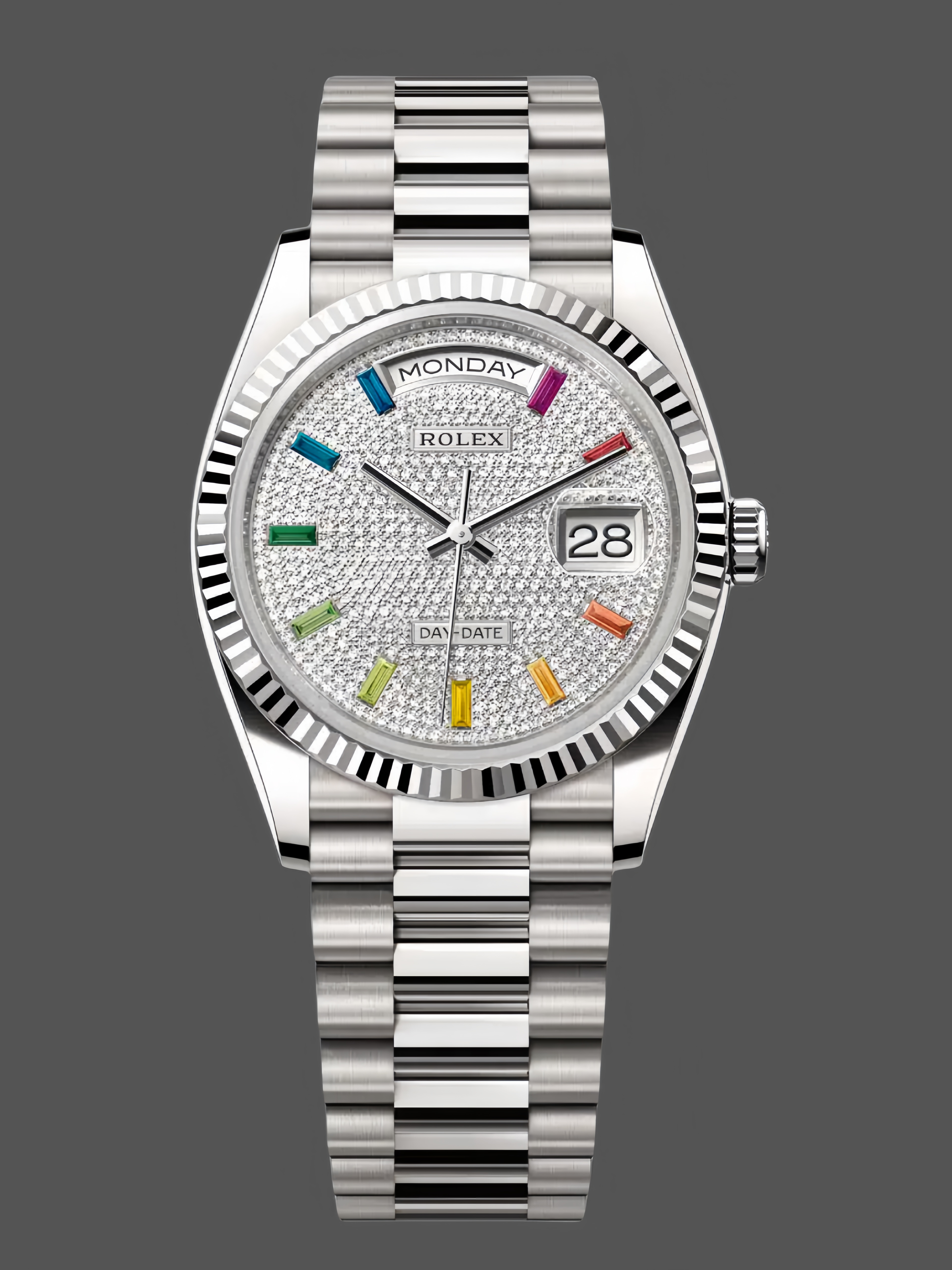 Rolex Day Date 36mm White Gold 128239 0016 Pave Rainbow Diamond Dial
