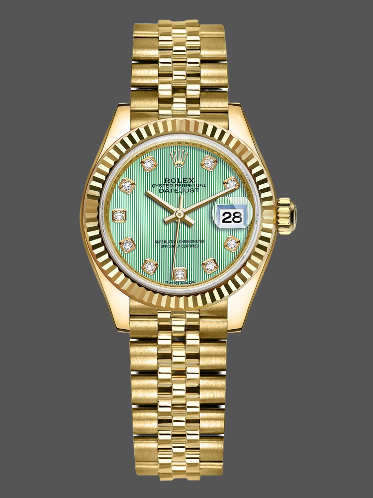 Rolex Datejust 279178 Mint Green Diamond Dial Yellow Gold 28mm Lady Replica Watch