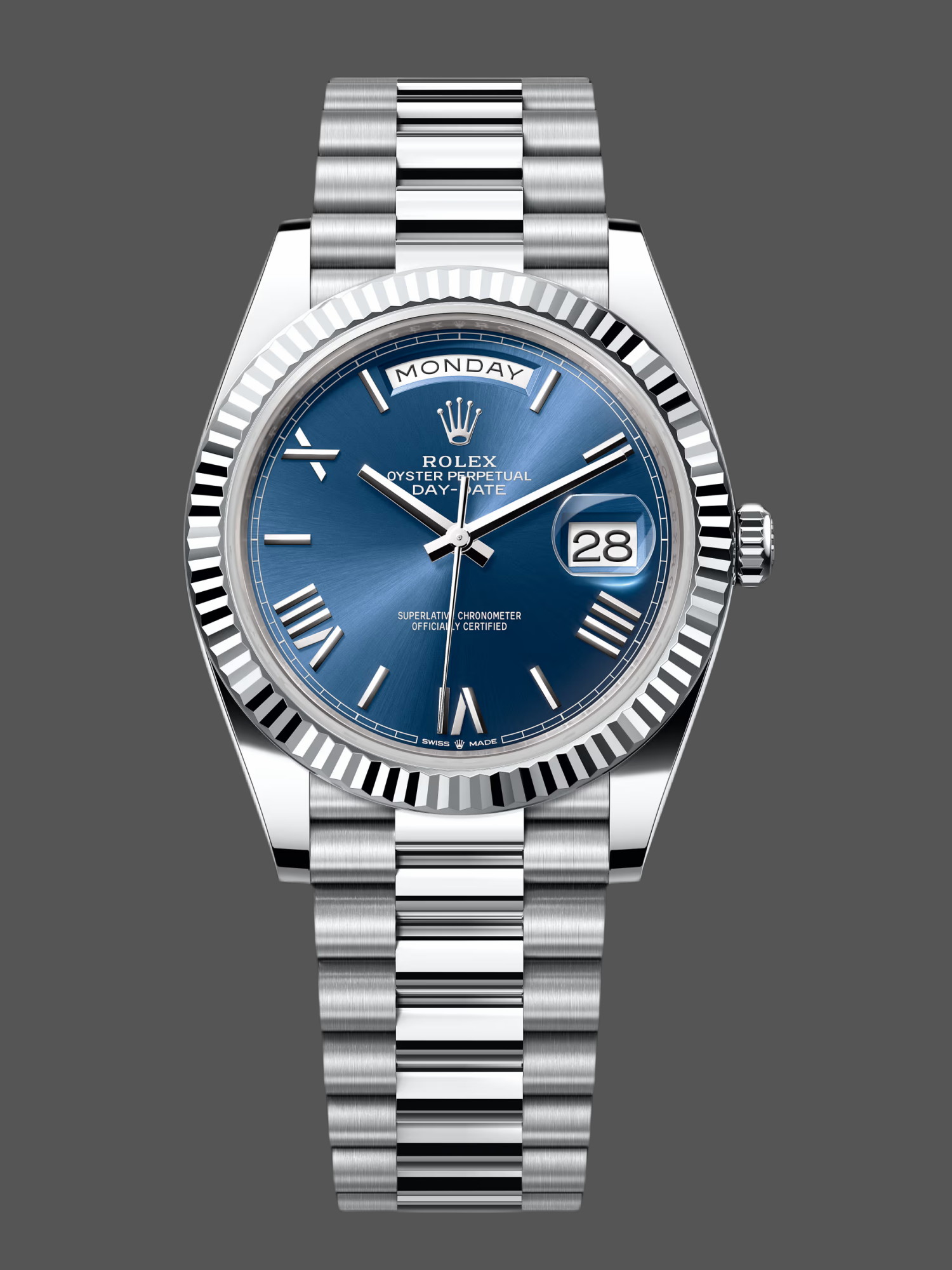 Rolex Day-Date 228239 Blue Roman Dial Fluted Bezel 40mm Mens Replica Watch