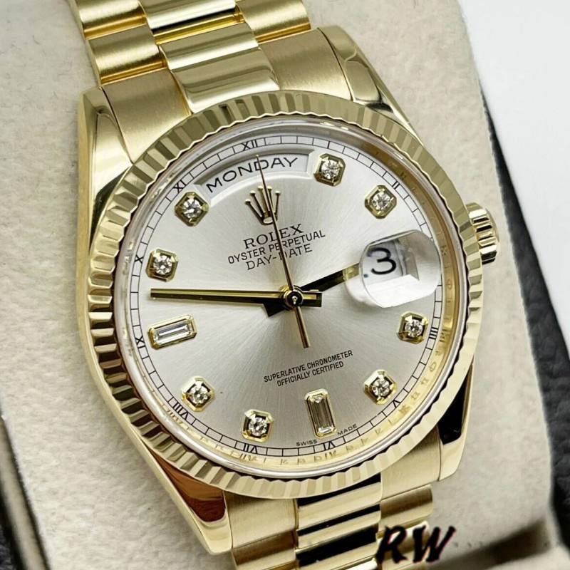 Rolex Day-Date 118238 Silver Diamond Dial 36mm Unisex Replica Watch