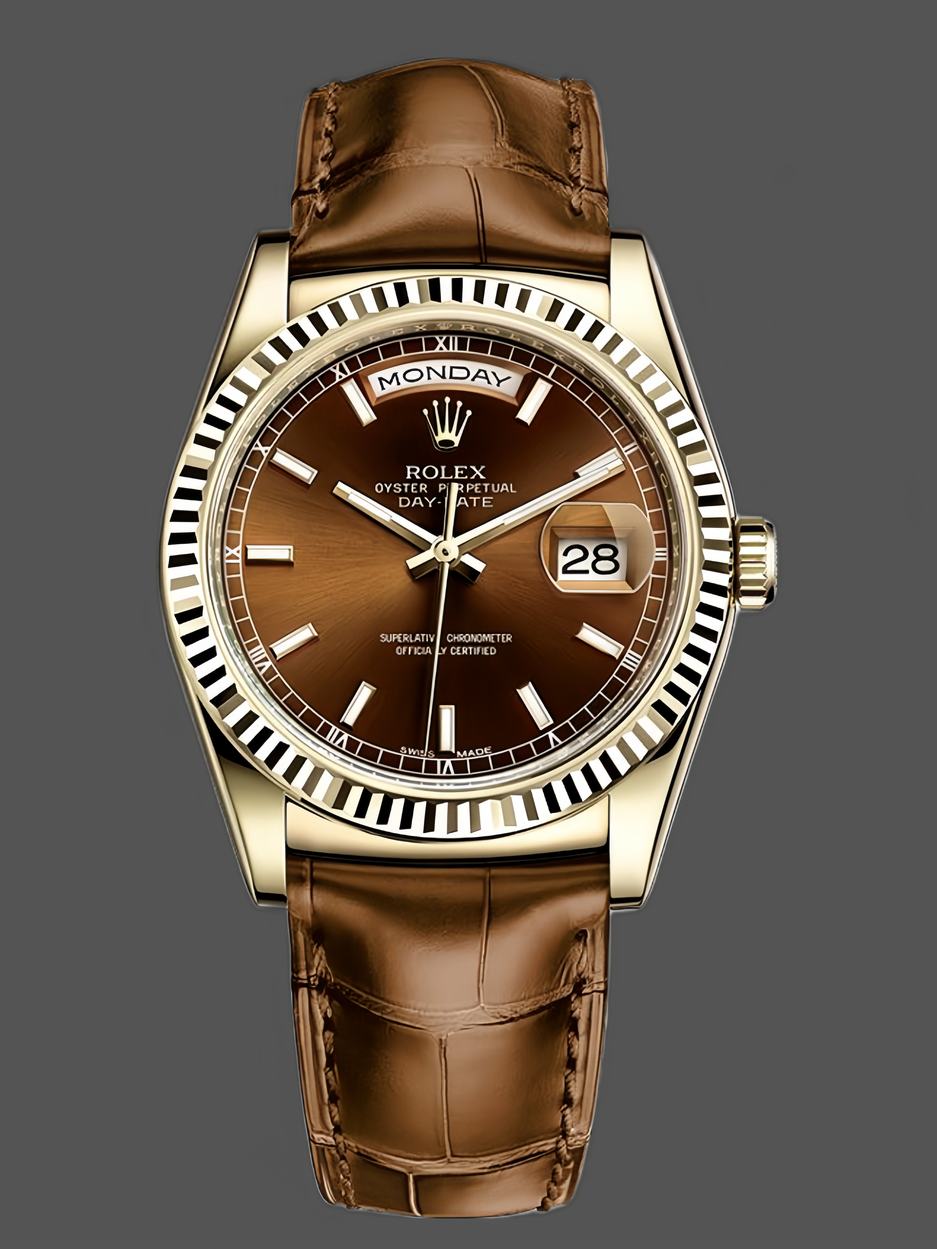 Rolex Day Date 36 Yellow Gold Chocolate Dial 118138 0005 Leather Watch