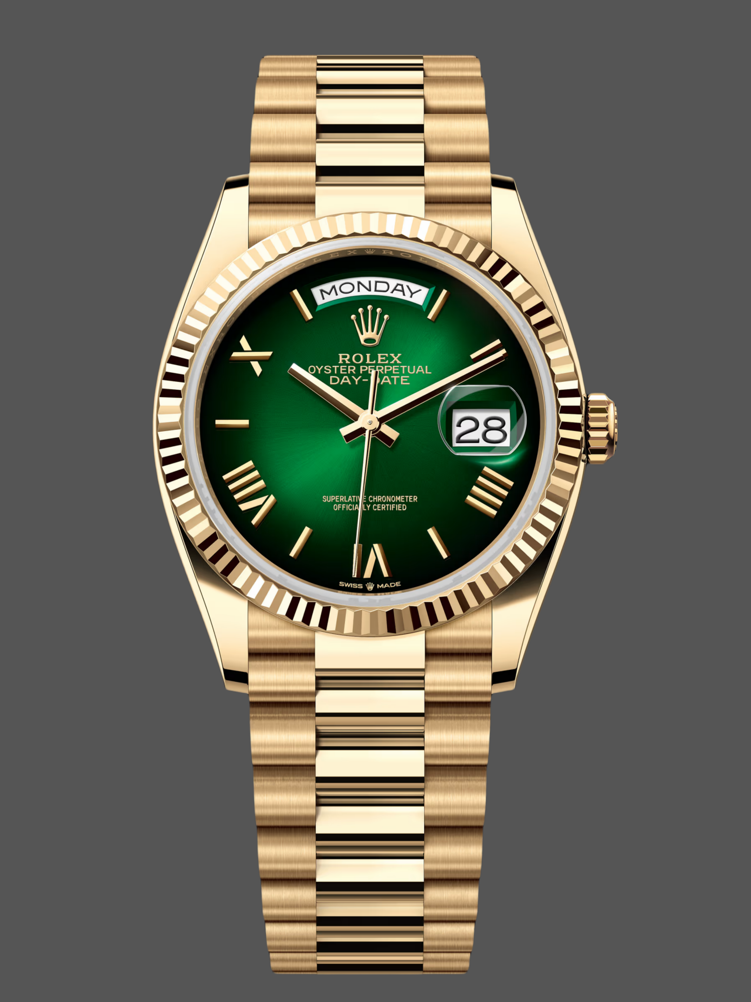 Rolex Day Date 36mm Fluted Bezel Green Ombre Dial President Bracelet m128238 0118