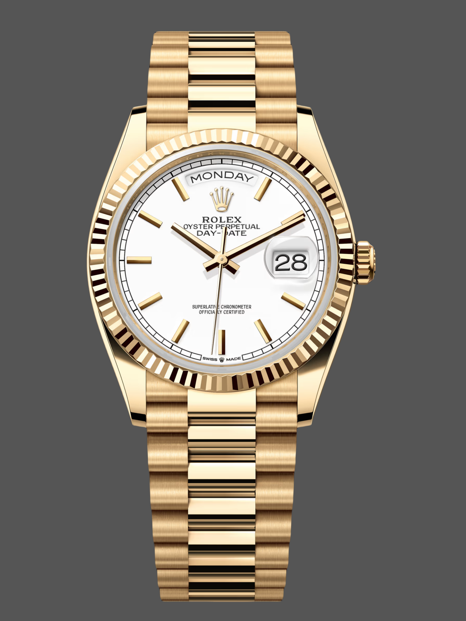 Rolex Day-Date 36MM 128238 0081 Fluted Bezel White Index Dial Unisex Replica Watch