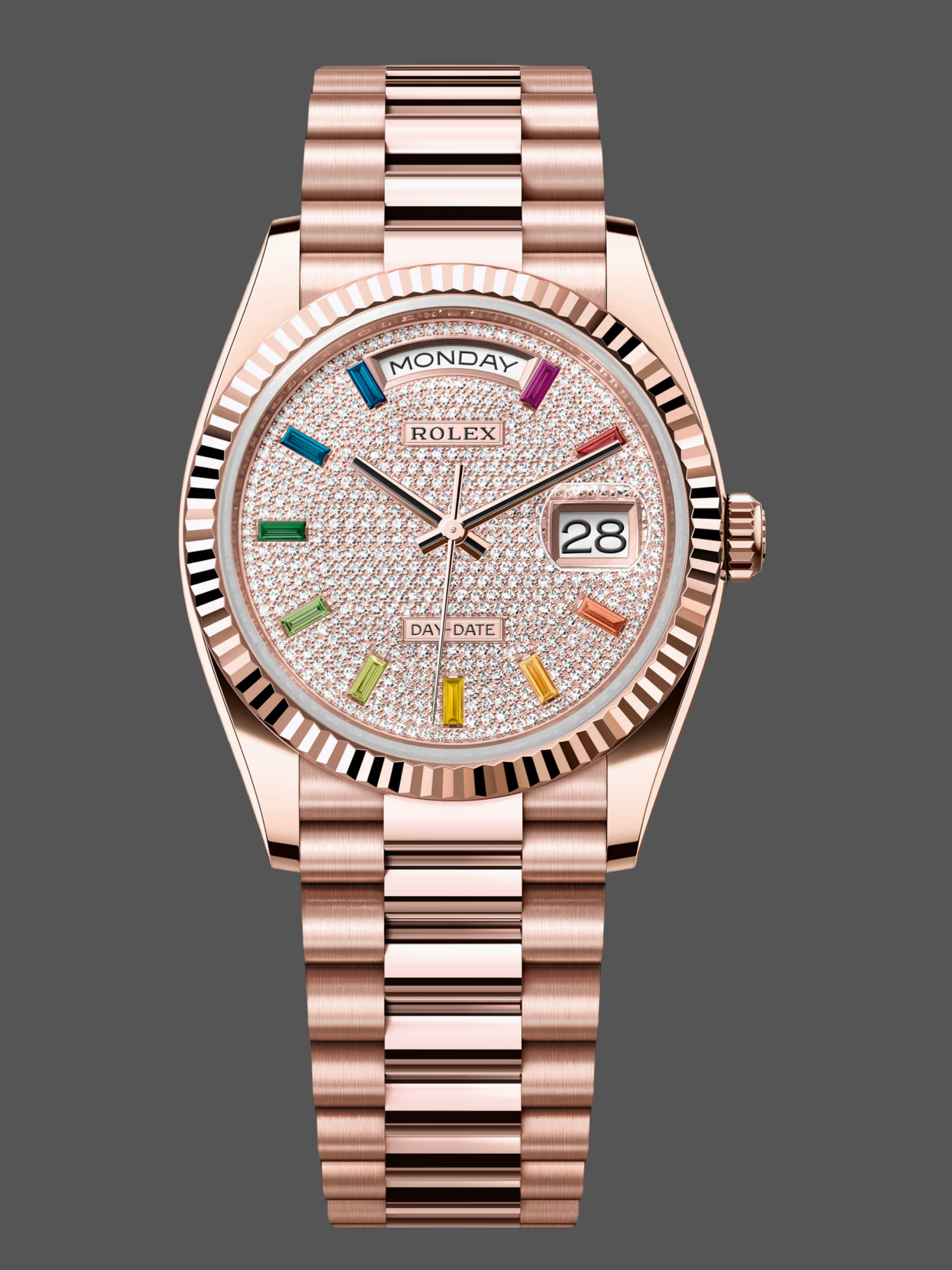 Rolex Day Date 36 Diamond Paved Dial Fluted Bezel 18K Everose gold 128235 0039 President Watch
