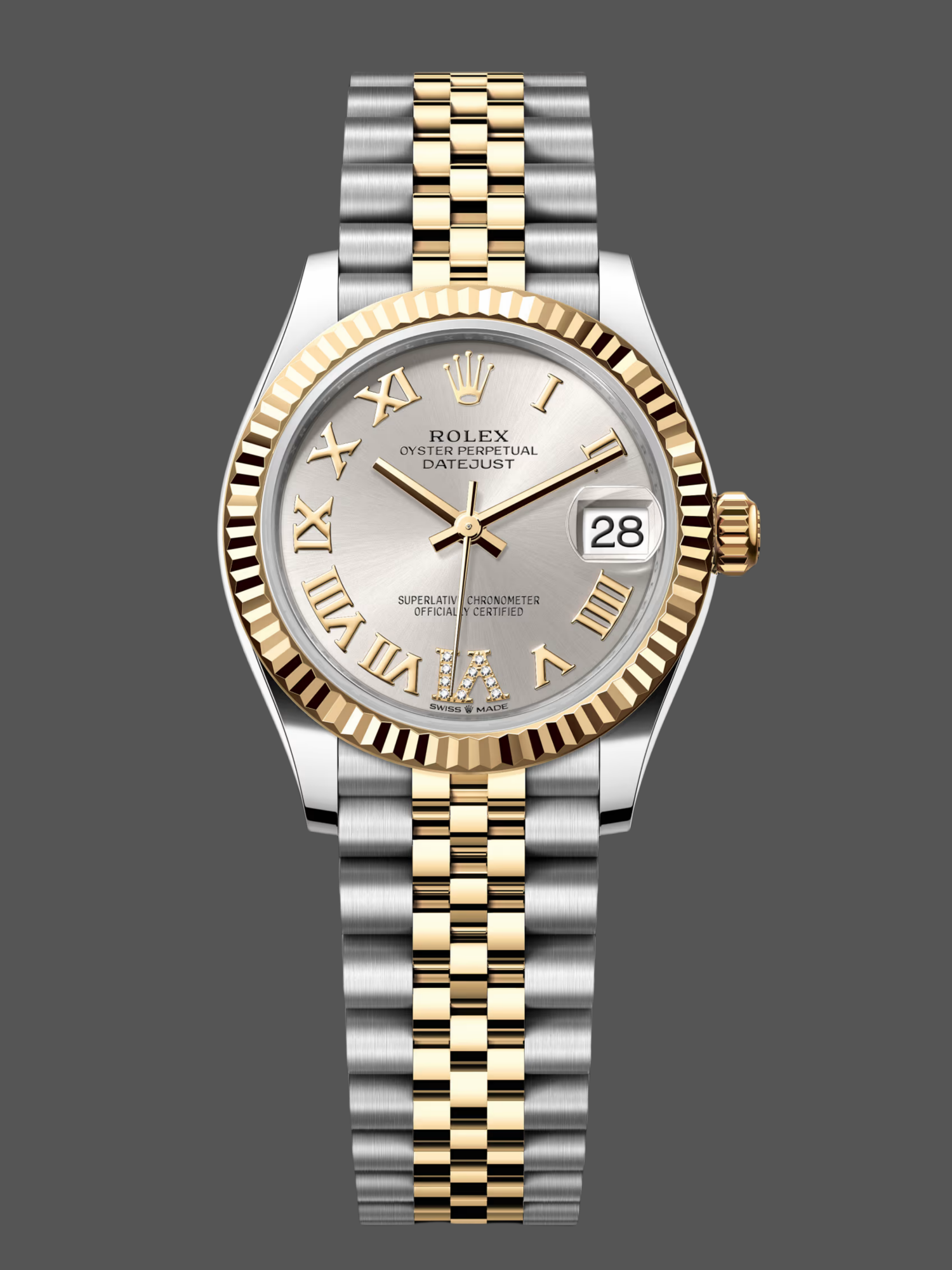 Rolex Datejust 31 Stainless Steel and Yellow Gold Silver Pave Roman Dial m278273 0004 Women's Watch