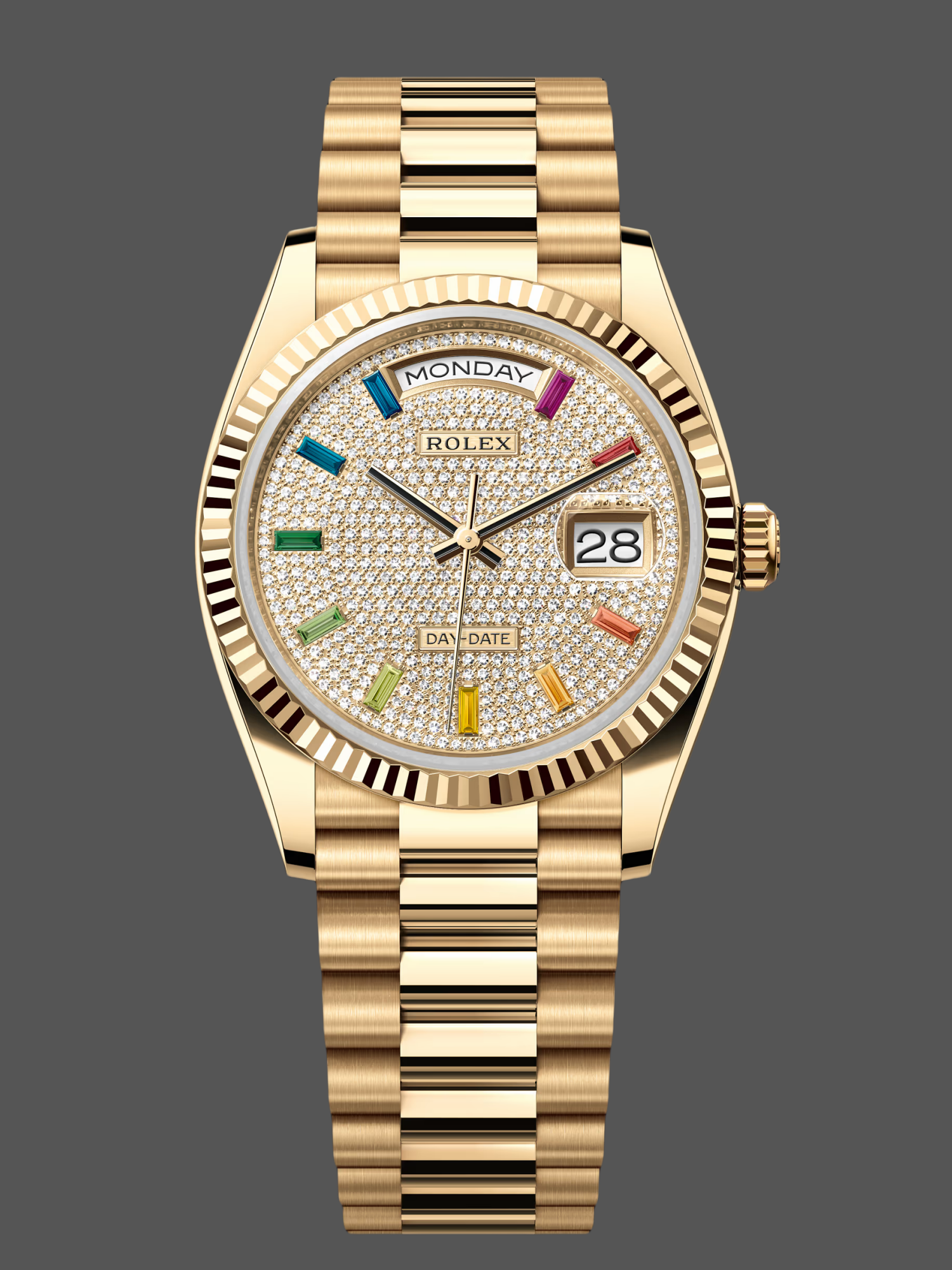 Rolex Day Date 36mm Yellow Gold 128238 0051 Pave Rainbow Diamond Dial Fluted Bezel