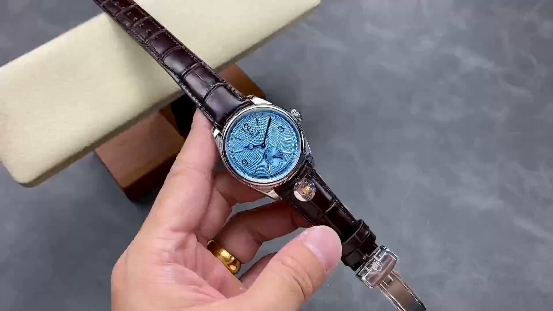 Rolex 1908 52506 0002 Ice Blue Dial Brown Leather Strap 39 mm Replica Watch