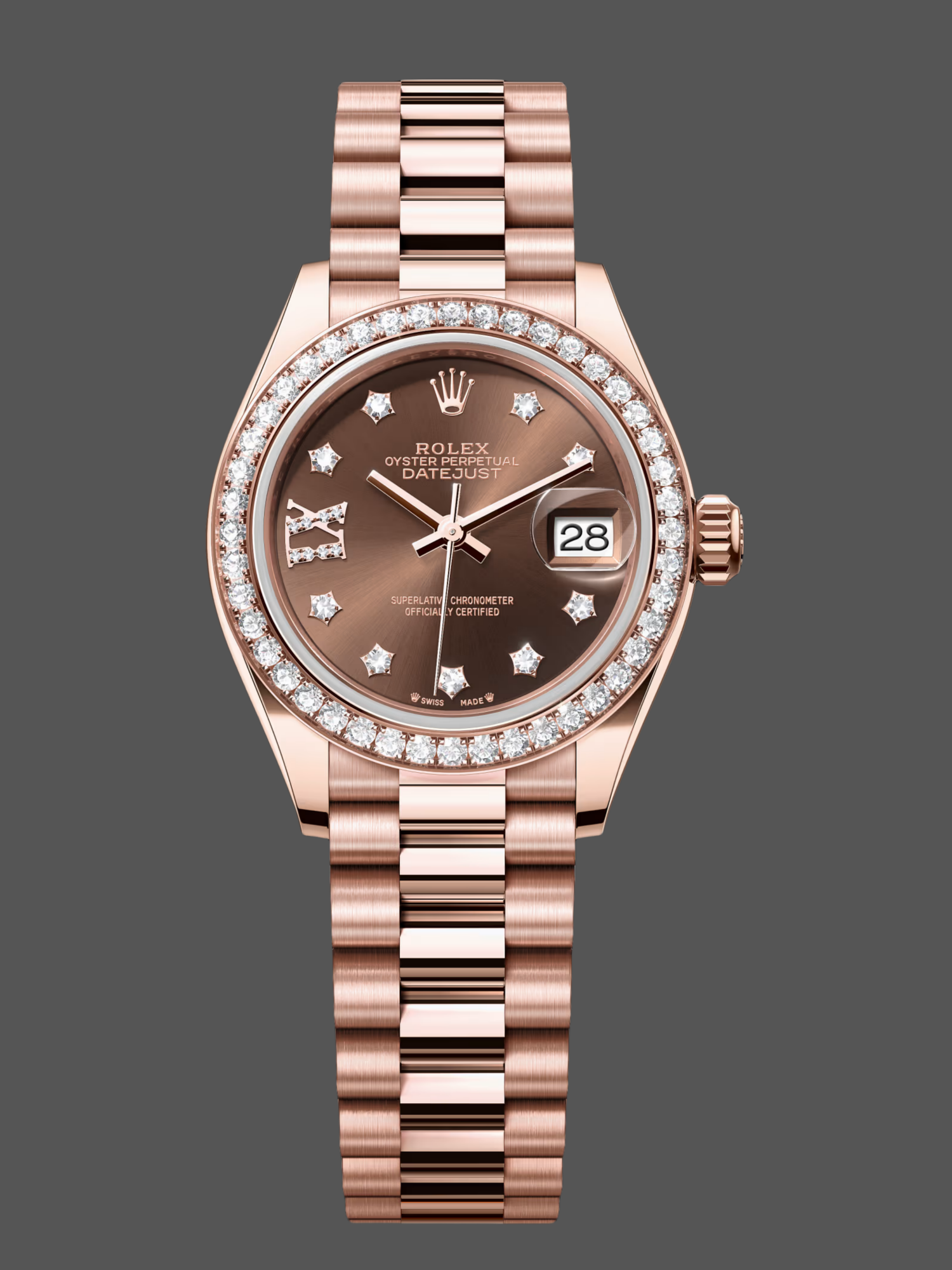 Rolex Datejust 28mm Everose Gold 279135RBR 0001 Chocolate 17 Diamond President Lady