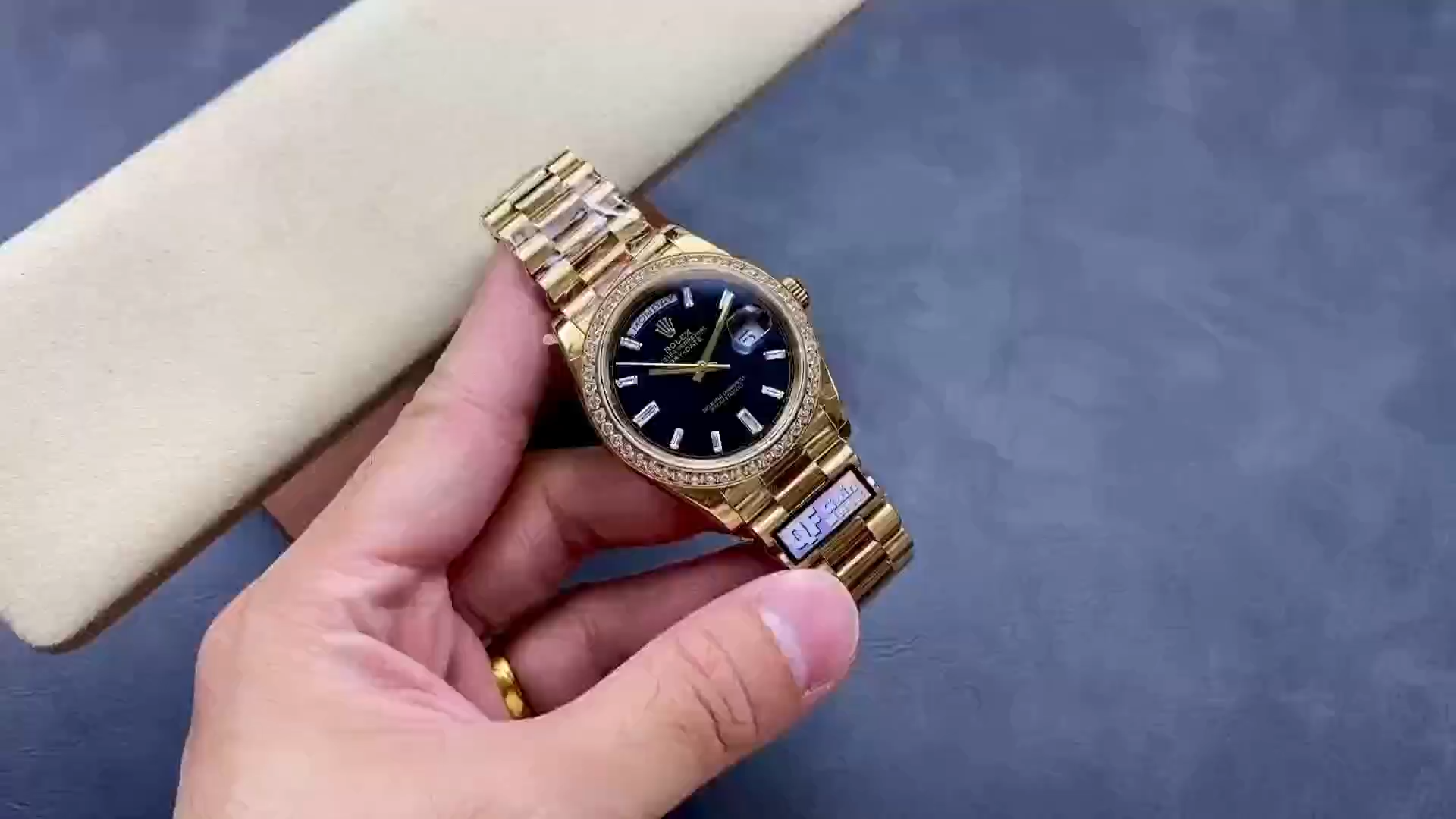 Rolex Day-Date 228348RBR 0043 Black Diamond Dial Diamond Bezel 40mm Mens Replica Watch