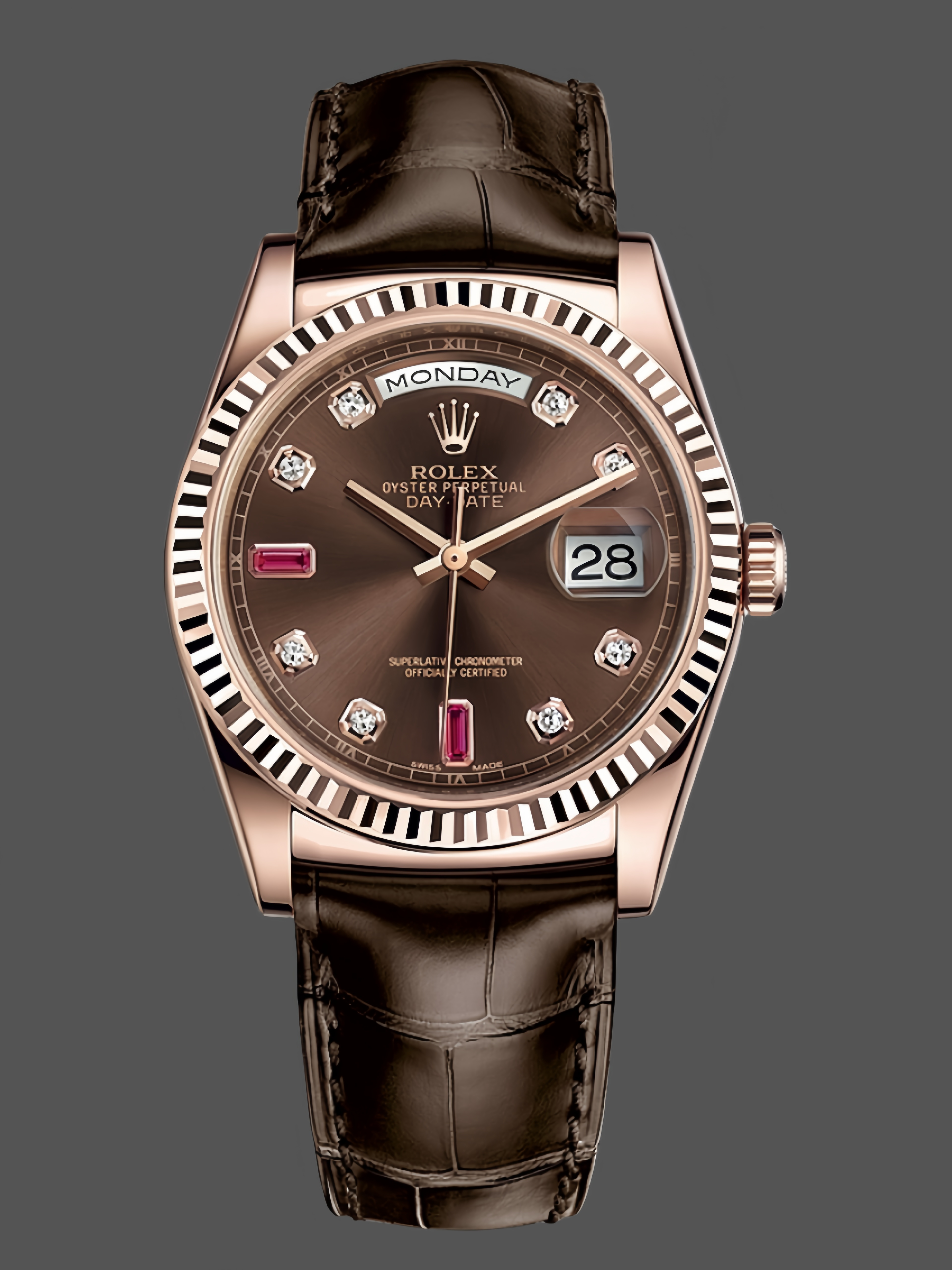 Rolex Day Date 36 Everose Diamond Chocolate 118135 0020 Watch