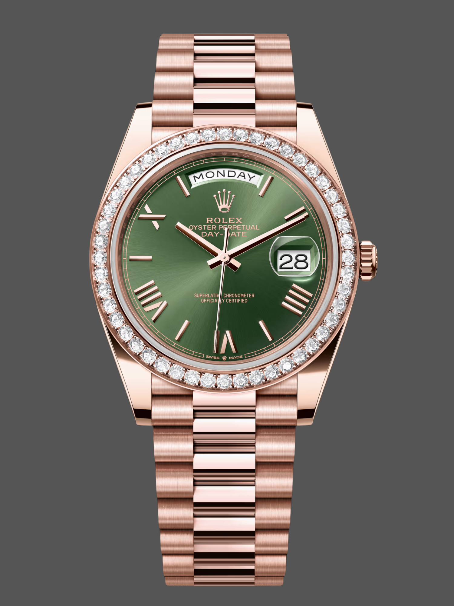 Rolex Day-Date 228345RBR 0011 Olive Green Roman Dial Diamond Bezel 40mm Mens Replica Watch