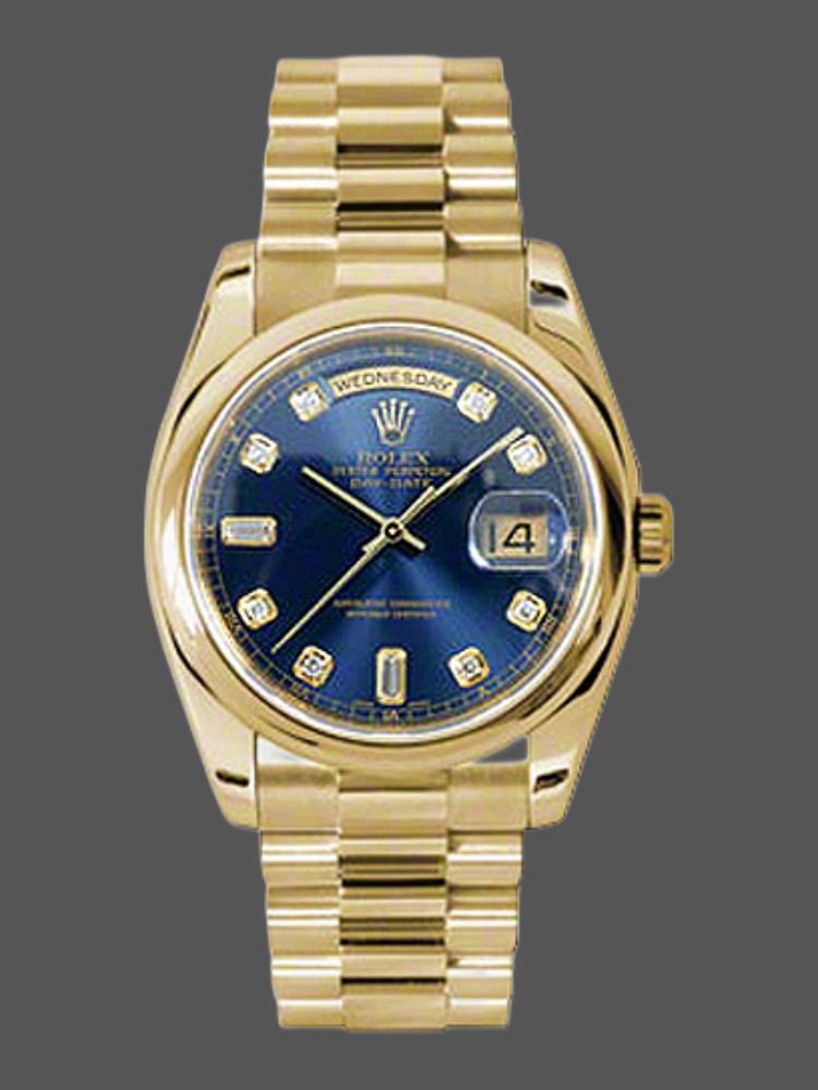 Rolex Day-Date 118208 Yellow Gold Blue Diamond Dial 36mm Unisex Replica Watch